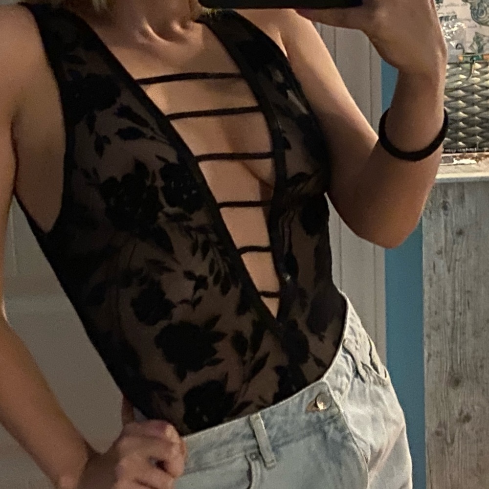 Black Sheer Floral Bodysuit Deep Plunge V
